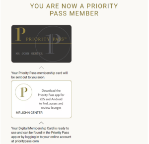 Screenshot of Priority Pass website with confirmation of new account