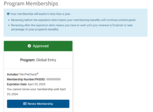Screenshot of Department of Homeland Security Trusted Travel Program dashboard showing Global Entry expiration date
