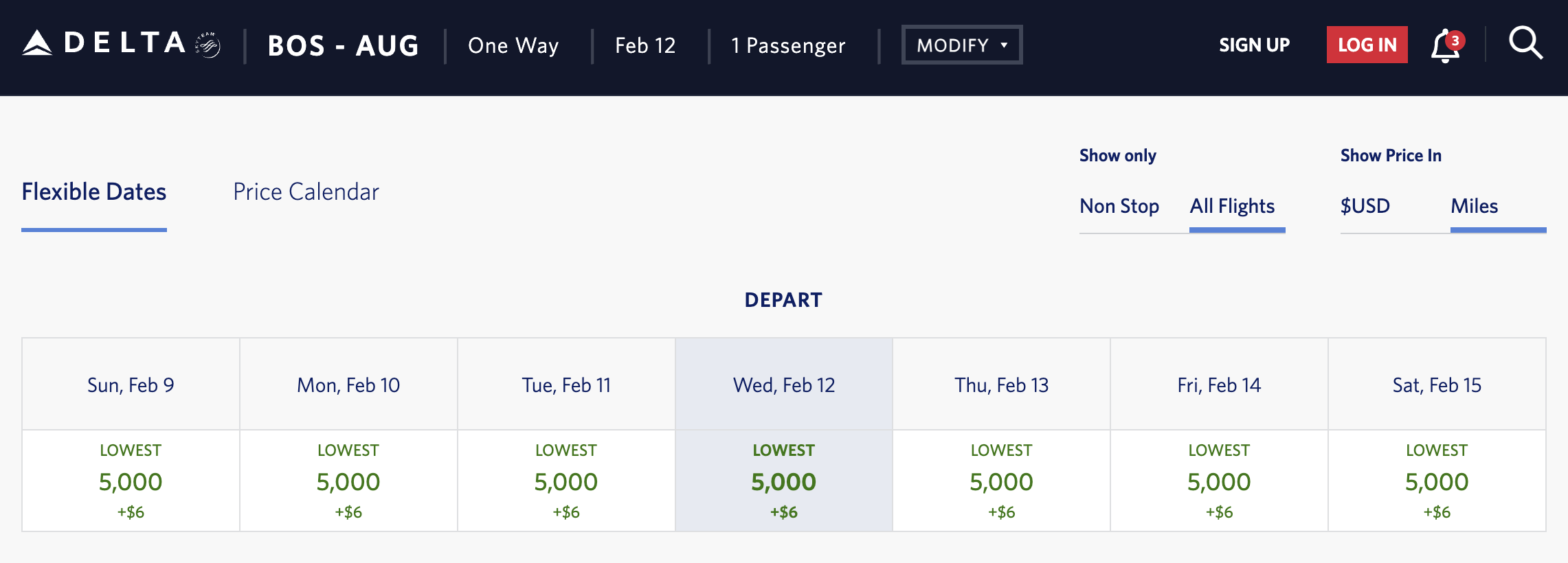 Delta pricing for BOS to AUG.