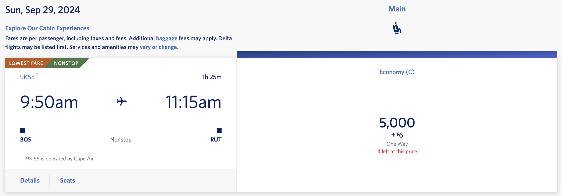 Cape Air itinerary bookable with SkyMiles.
