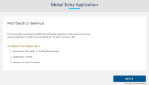 Screenshot of Global Entry renewal notice that information will be prefilled from prior applications