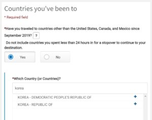 Screenshot of country list for Global Entry renewal showing the options for Korea