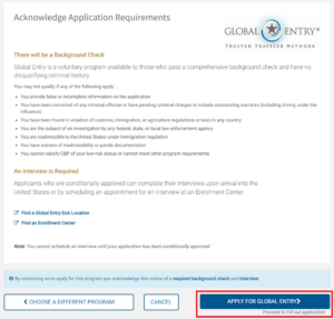 Screenshot of Global Entry application requirements