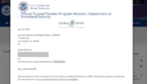 Global Entry renewal confirmation letter