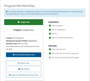 Screenshot of Trusted Traveler Program dashboard showing Global Entry renewal approval