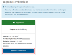 Screenshot of Department of Homeland Security Trusted Travel Program dashboard with option to renew membership boxed