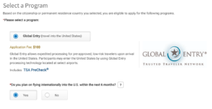 Screenshot of Global Entry renewal process showing question answer if the applicant is flying into the United States in the next six months
