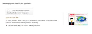Screenshot of option to add APEC Business Travel Card to a Global Entry renewal application