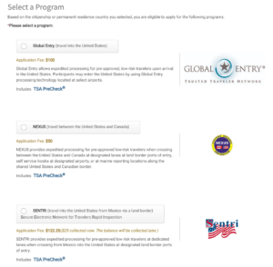 Screenshot of Department of Homeland Security Trusted Travel Program renewal program selection