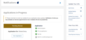 Screenshot of Department of Homeland Security Global Entry application status page