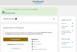 Screenshot showing Global Entry renewal application submitted