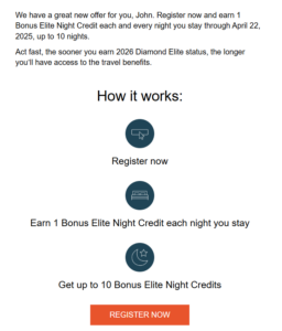 Screenshot of IHG One Rewards email about double elite night credits