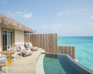 Ocean view from an infinity pool at the InterContinental Maldives Maamunagau Resort.