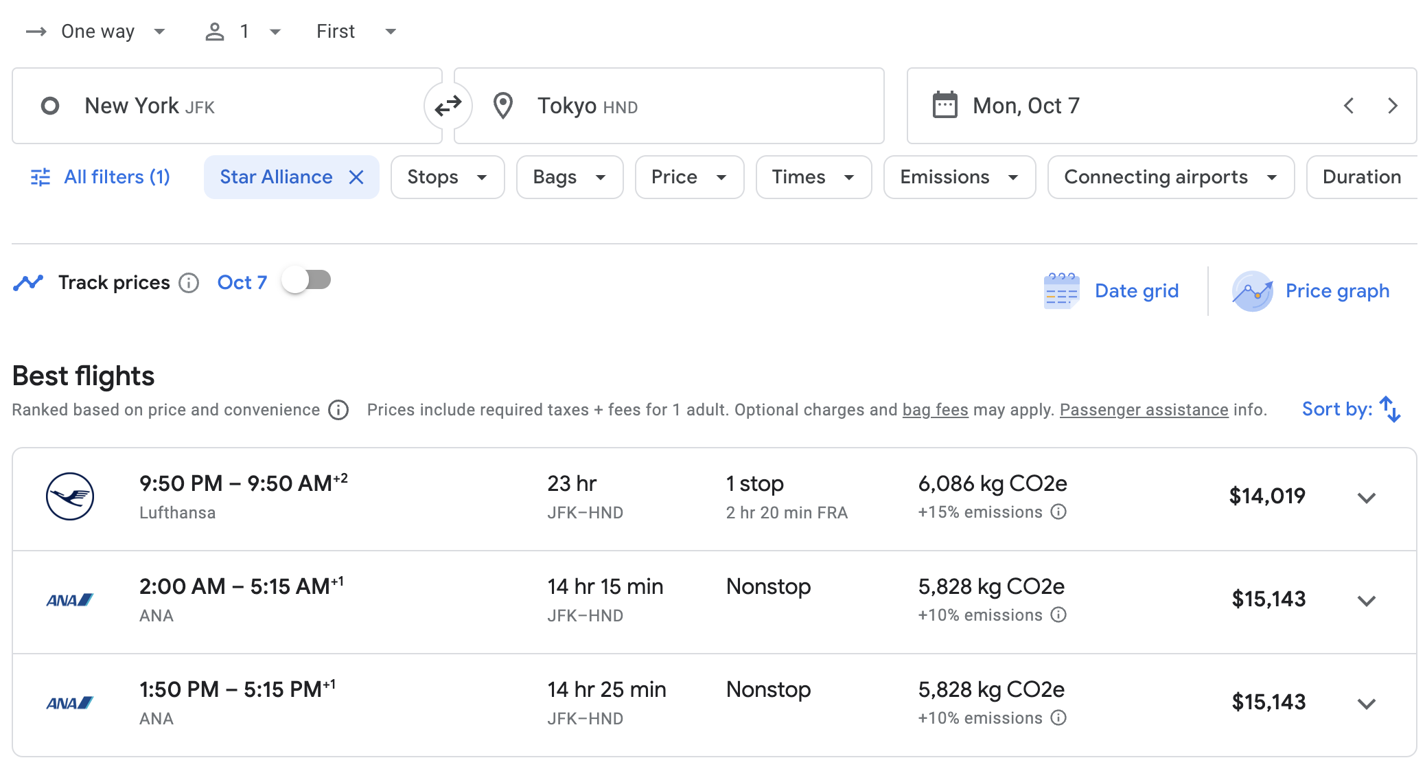 First Class ticket prices from JFK to HND.