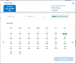 AAdvantage calendar view of Fiji Airways awards from Los Angeles to Nadi Fiji