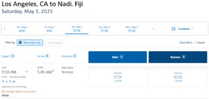 Fiji Airways business class award from Los Angeles to Fiji