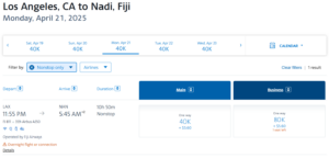 American Airlines AAdvantage award on Fiji Airways at typical award chart pricing