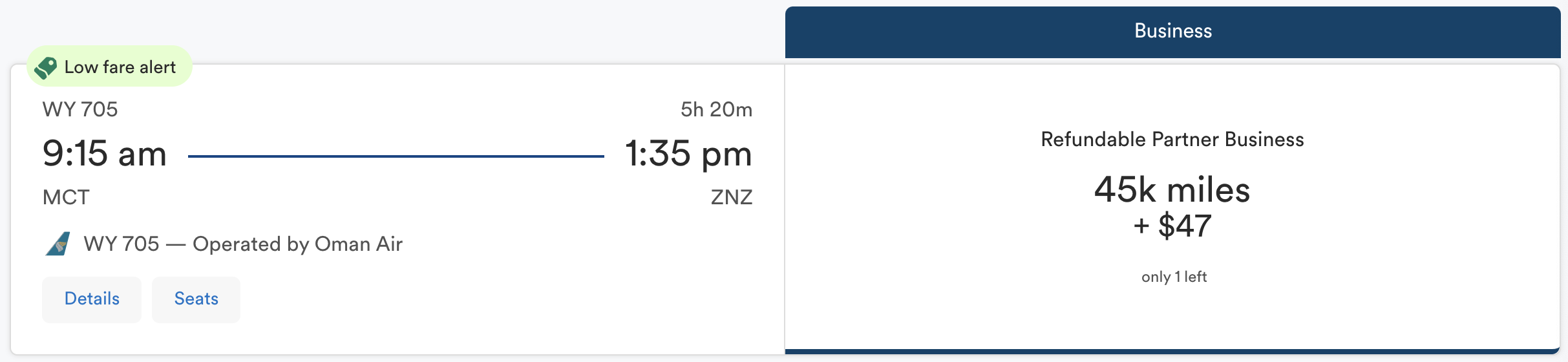 Oman Air itinerary from MCT to ZNZ.