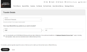 Screenshot showing example transfer from Marriott to Starbucks