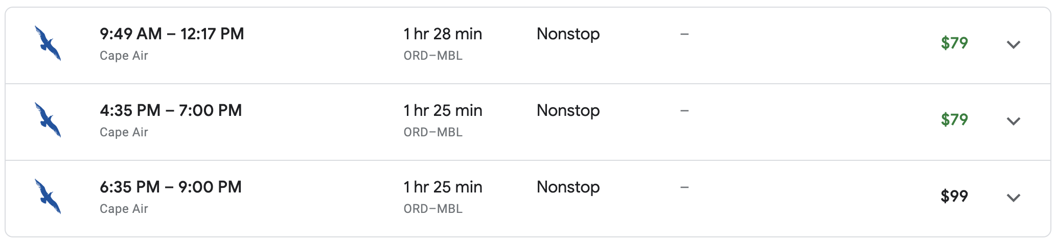Cape Air itinerary from ORD to MBL.