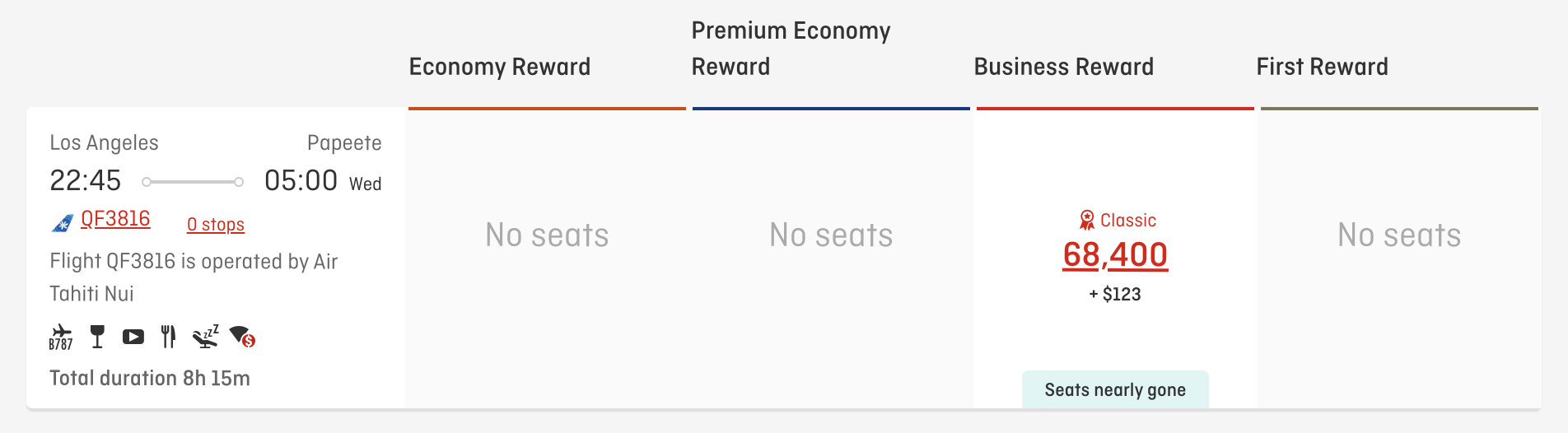 Qantas award on Air Tahiti Nui from LAX to PPT.