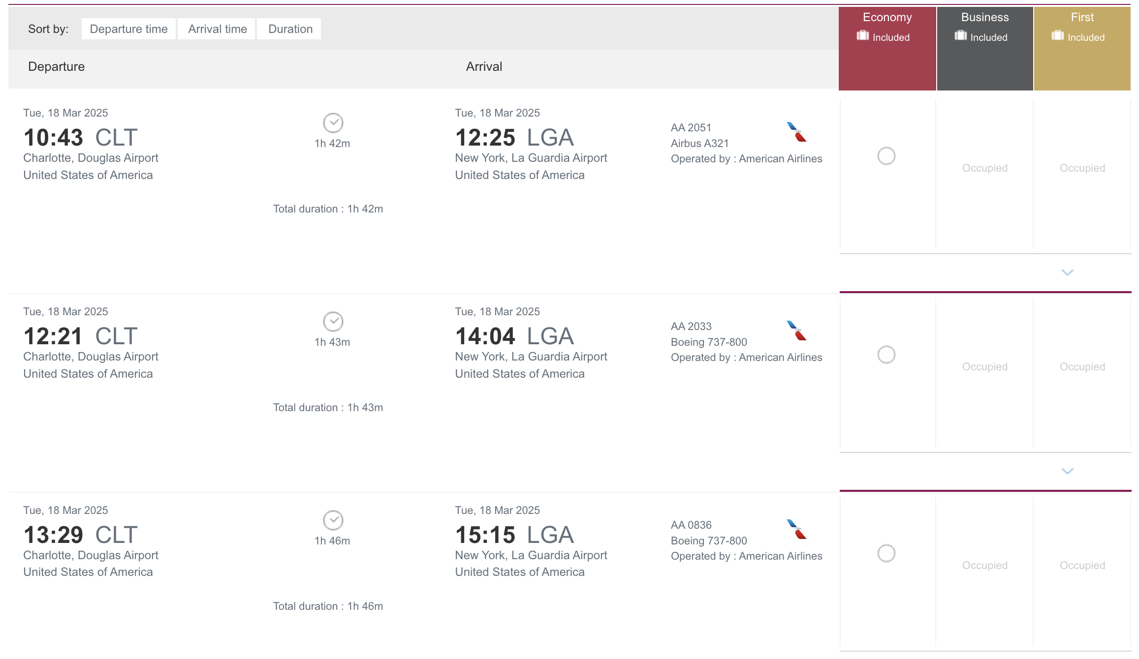 Qatar flight results on AA from CLT to LGA.
