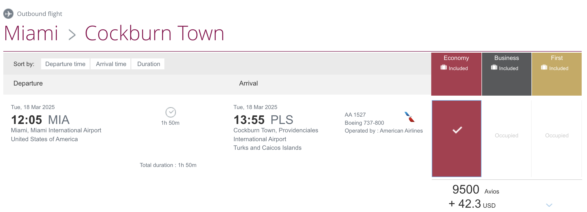 Qatar flight results on AA from MIA to PLS.