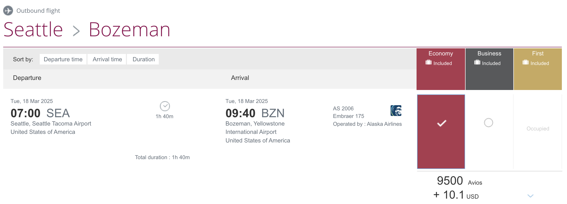 Qatar flight results on AS from SEA to BZN.