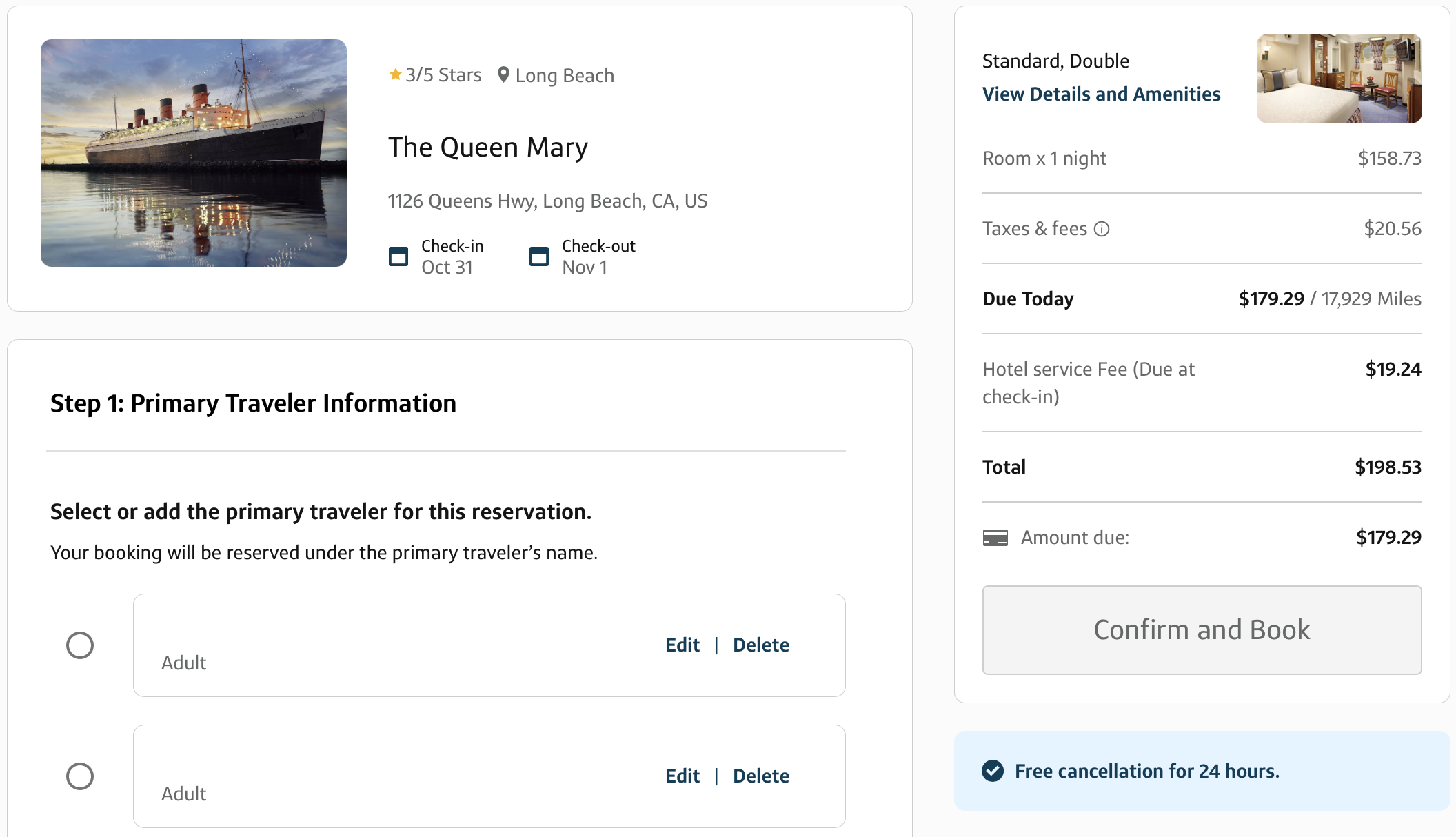 Rate information for one night at The Queen Mary