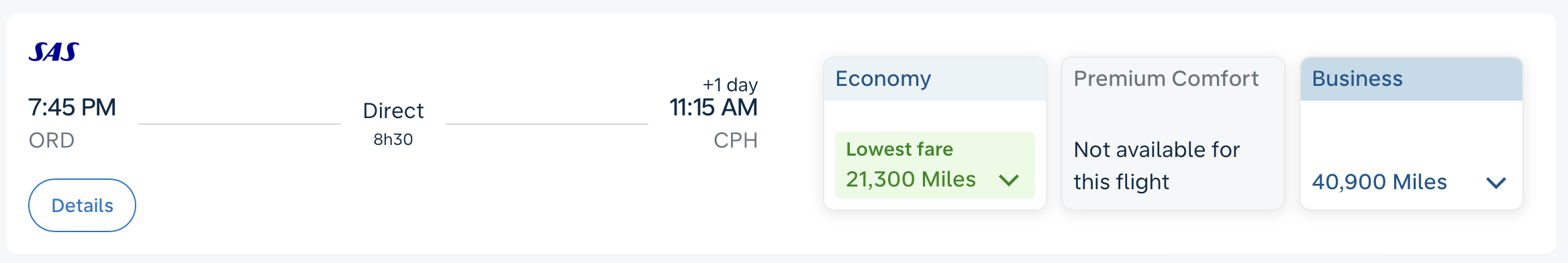 Flying Blue award on SAS between ORD and CPH.
