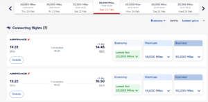 Screenshot of Flying Blue award search results from San Francisco to Berlin