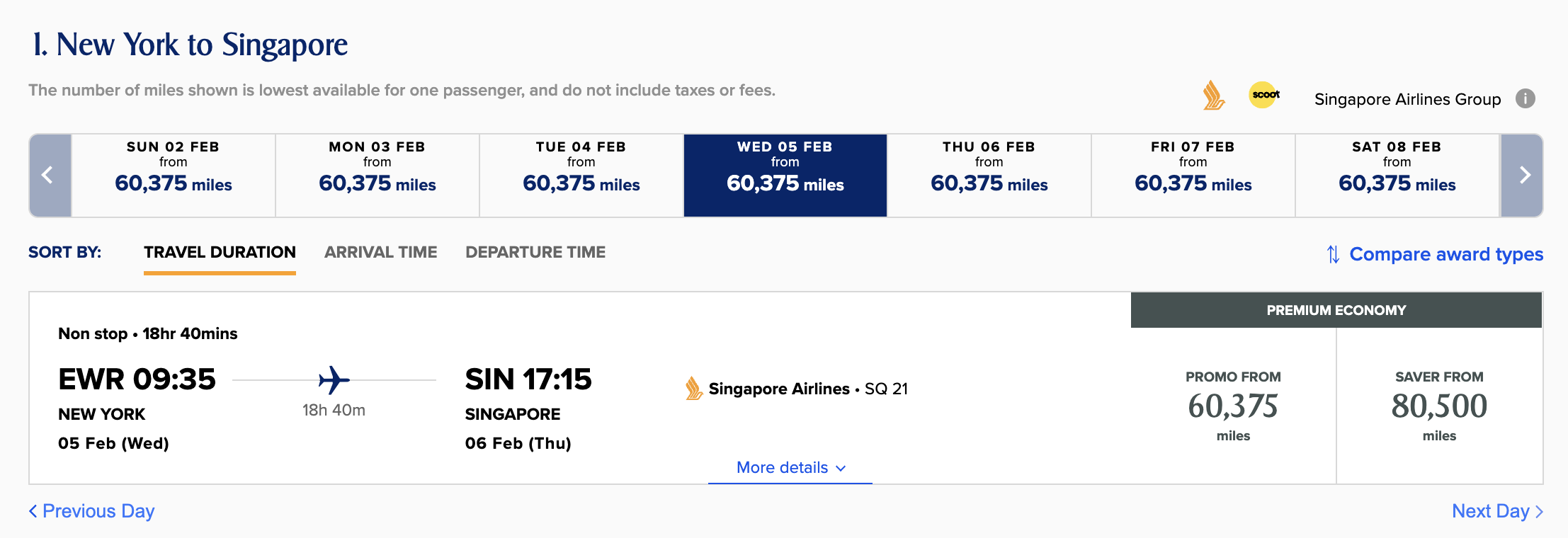 Singapore Premium economy award from EWR to SIN.