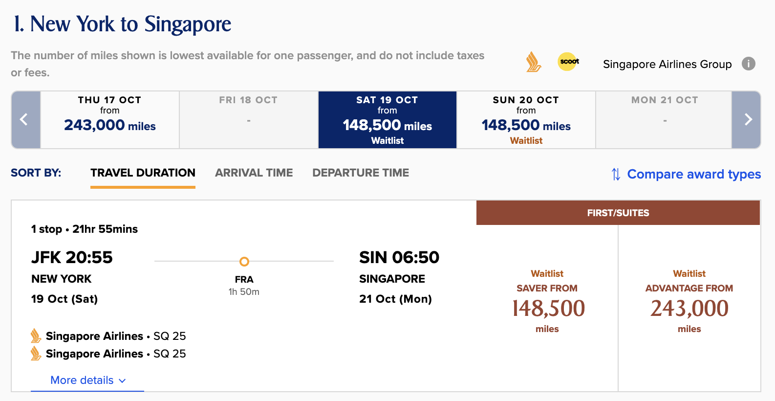 Singapore First Class award from JFK to SIN via FRA.