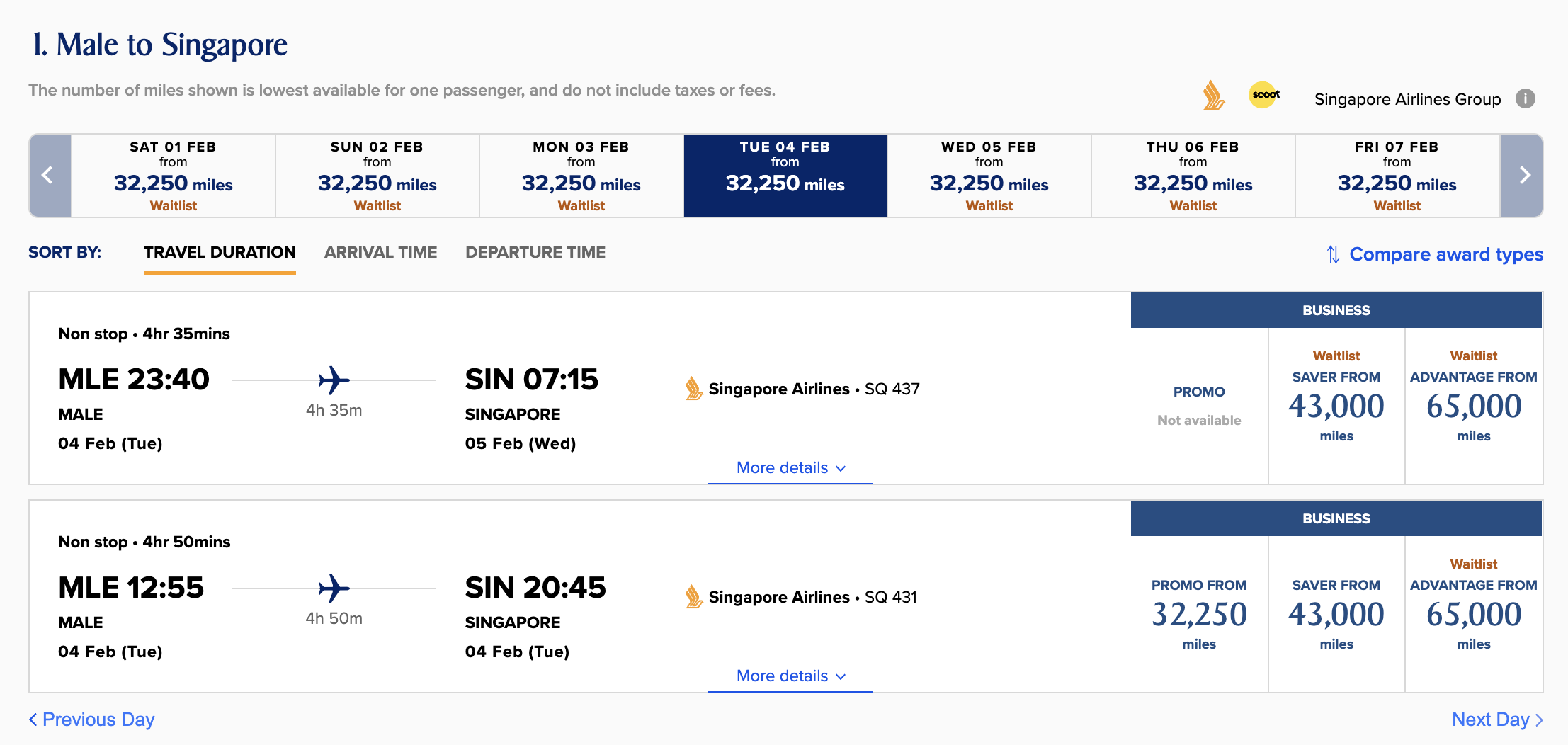Discounted Singapore award from MLE to SIN.