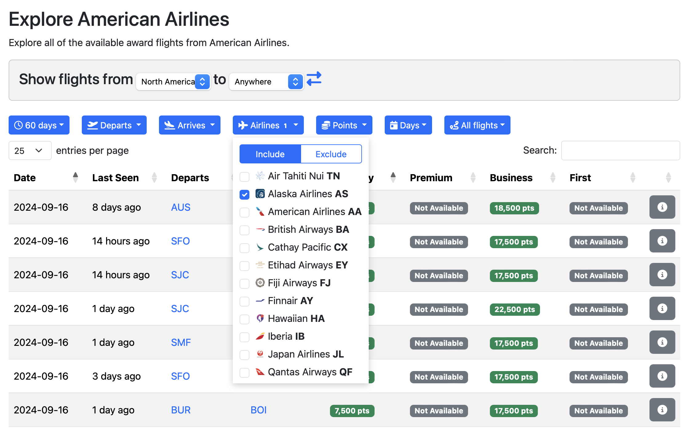 Seats.aero AAdvantage® results for Alaska-operated flights.