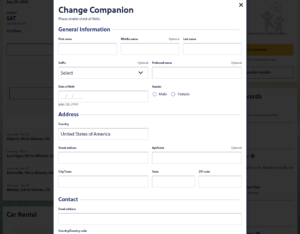 Screenshot of Southwest Companion Pass online change form
