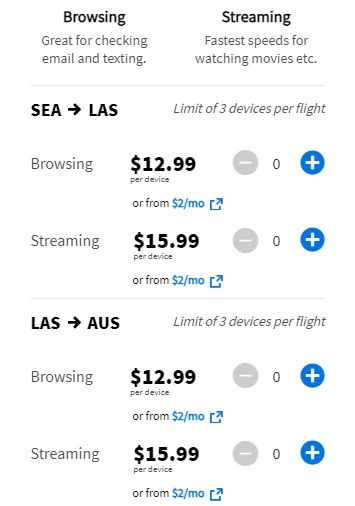 Screenshot showing Spirit Wi-Fi prices from Seattle to Vegas and Vegas to Austin