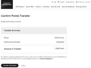 Screenshot of confirmation page before transferring Marriott Bonvoy points to MGM Rewards
