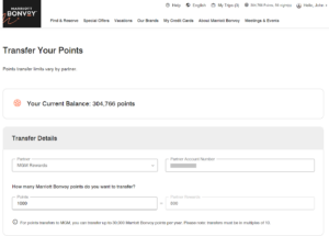 Screenshot showing points transfer from Marriott Bonvoy to MGM Rewards