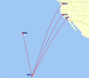 Map showing flight routes from the United States to Tahiti