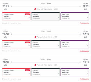 Virgin Atlantic Flying Club award availability between New York and London for 4,800 Virgin points