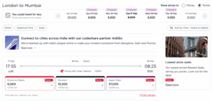 Virgin Atlantic Flying Club award availability between London and Mumbai for 6,000 Virgin points