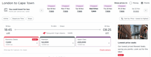 Virgin Atlantic Flying Club award availability between London and Cape Town for 7,500 Virgin points