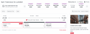 Virgin Atlantic Flying Club award availability between San Francisco and London for 7,200 Virgin points