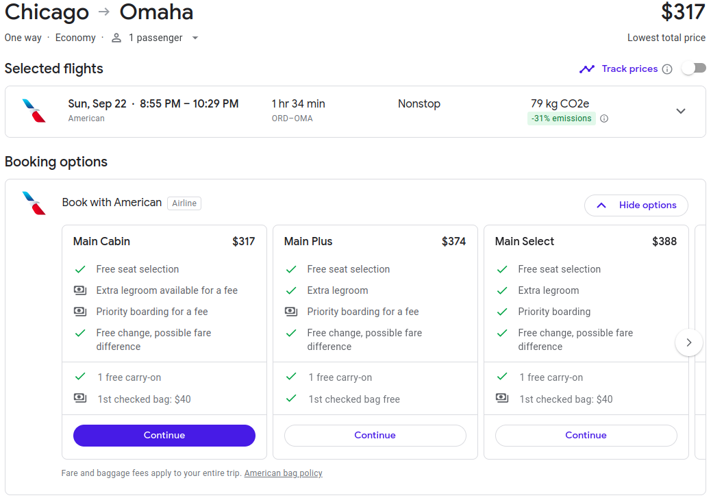AA flight ORD-OMA with close-in booking price