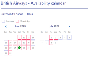 screenshot of British Airways availability calendar