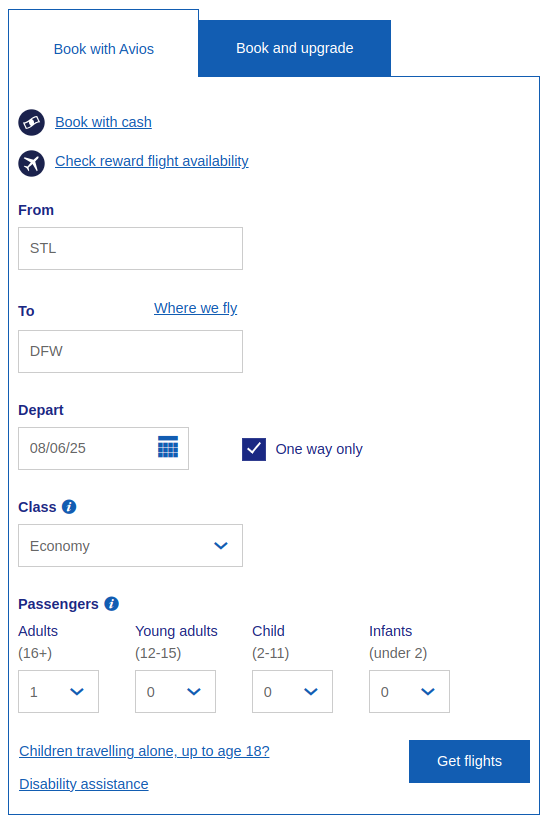 flight search page using Avios