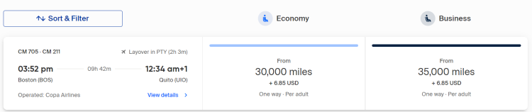 Screen shot of a booking screen from Copa airlines.