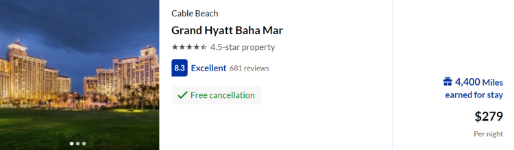 Screen shot from COnnectMiles Hotels portal showing a listing for the Grand Hyatt Baha Mar in Nassau, Bahamas