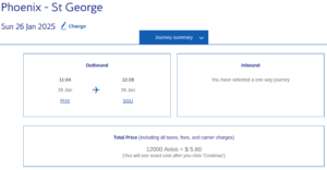 Avios booking price summary for Phoenix to St. George, Utah